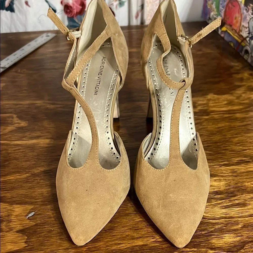 Adrienne Vittadini Tan Suede Heels with Ankle Strap